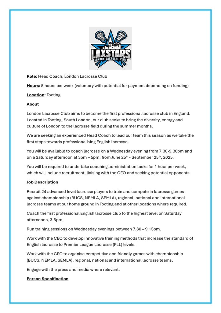 London Laxstars - Head Coach London Lacrosse page 0001 1 - Vacancy