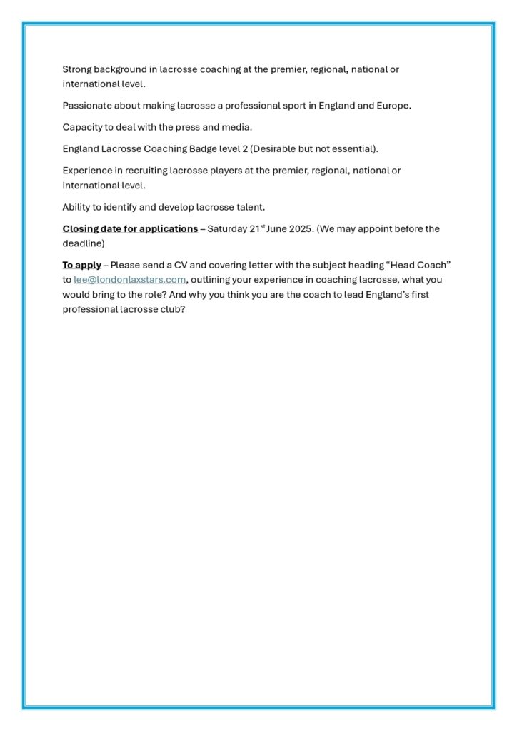 London Laxstars - Head Coach London Lacrosse page 0002 - Vacancy