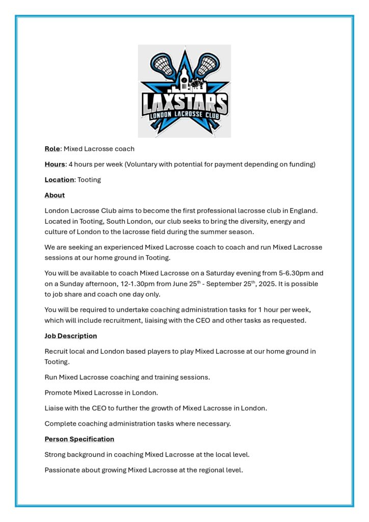 London Laxstars - Mixed Lacrosse Coach 1 page 0001 - Vacancy - Mixed Lacrosse Coach