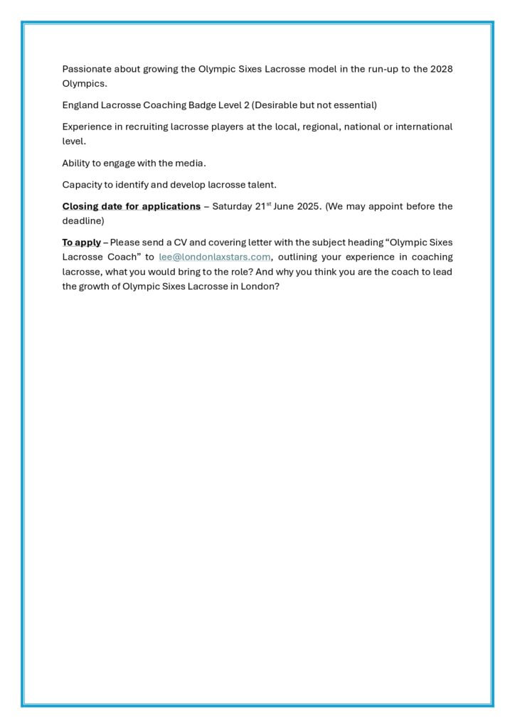 London Laxstars - Olympic Sixes Lacrosse Coach page 0002 - Vacancy