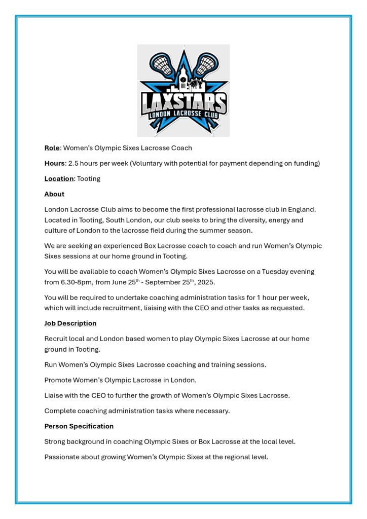 London Laxstars - Womens Olympic Sixes Lacrosse Coach page 0001 - Vacancy