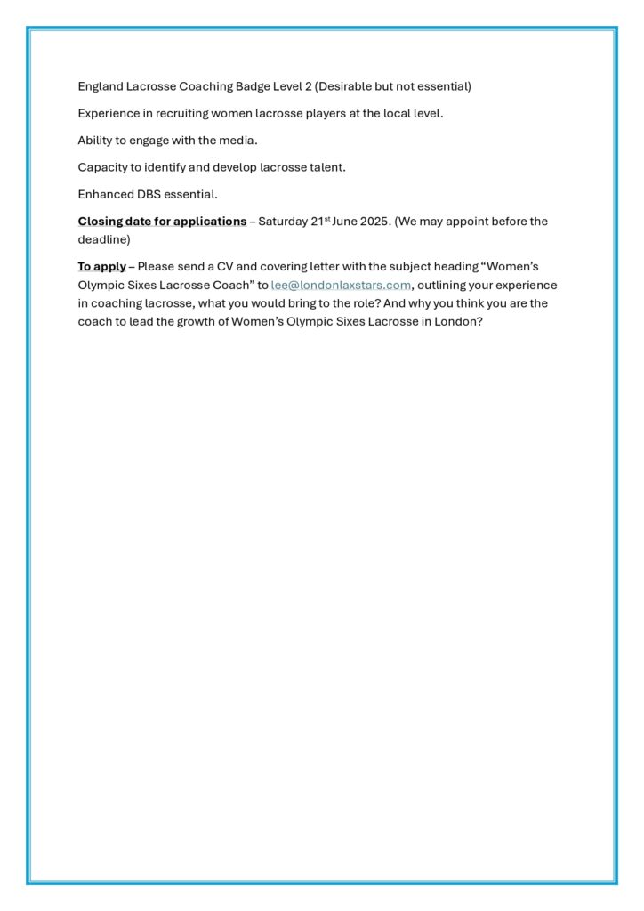 London Laxstars - Womens Olympic Sixes Lacrosse Coach page 0002 - Vacancy